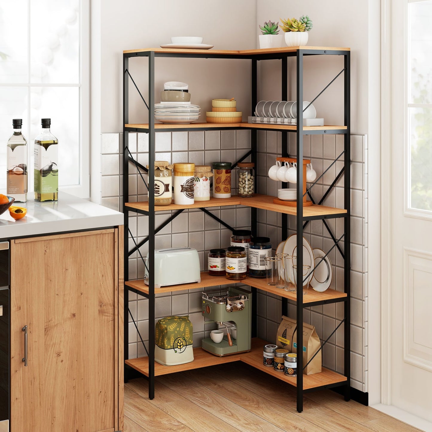 66" Tall 5-Tier L-Shaped Bookcase, Metal Frame, Brown
