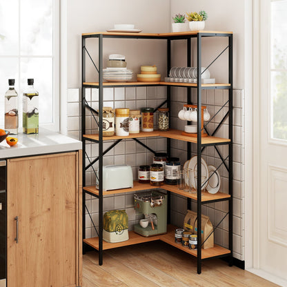 66" Tall 5-Tier L-Shaped Bookcase, Metal Frame, Brown