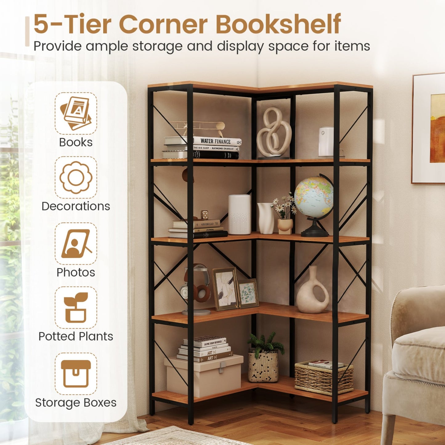 66" Tall 5-Tier L-Shaped Bookcase, Metal Frame, Brown