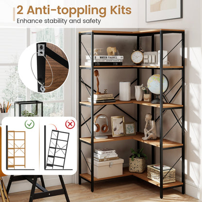 66" Tall 5-Tier L-Shaped Bookcase, Metal Frame, Brown
