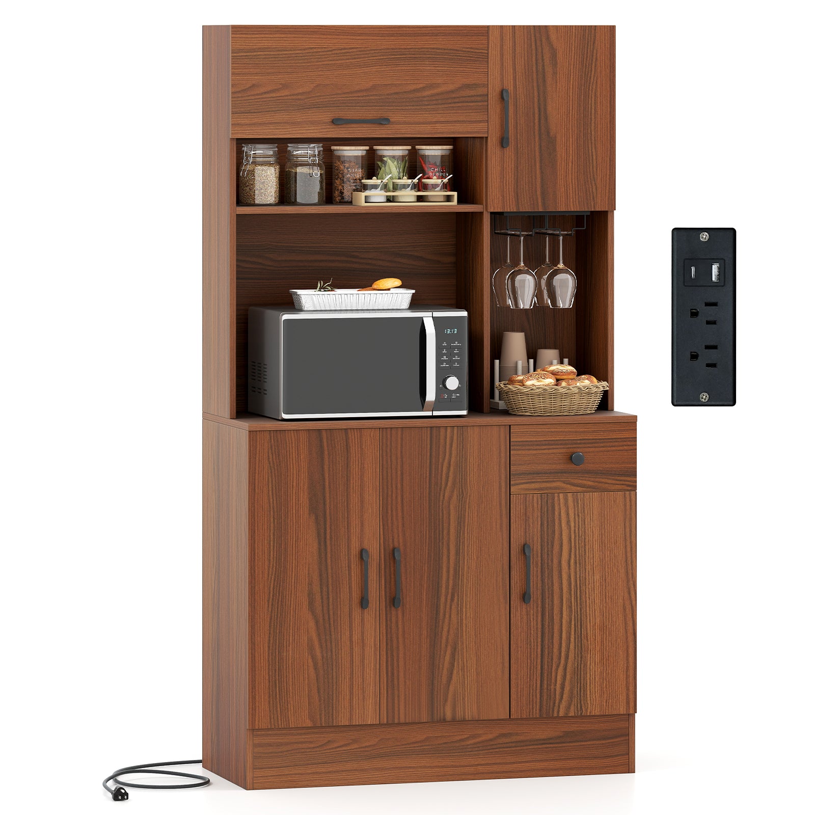 66 inch Pantry Cabinet with Charging Station and Microwave Stand, Brown Sideboards Cabinets & Buffets Brown at Gallery Canada