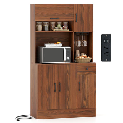 66 inch Pantry Cabinet with Charging Station and Microwave Stand, Brown Sideboards Cabinets & Buffets Brown at Gallery Canada