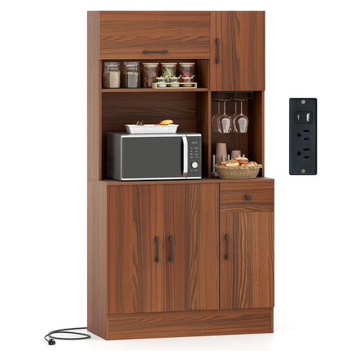 66 inch Pantry Cabinet with Charging Station and Microwave Stand, Brown