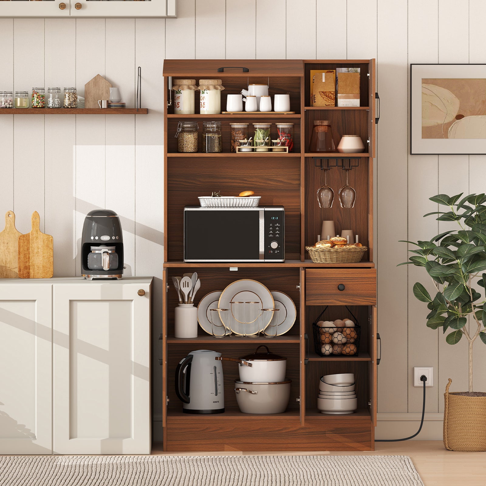66 inch Pantry Cabinet with Charging Station and Microwave Stand, Brown Sideboards Cabinets & Buffets at Gallery Canada