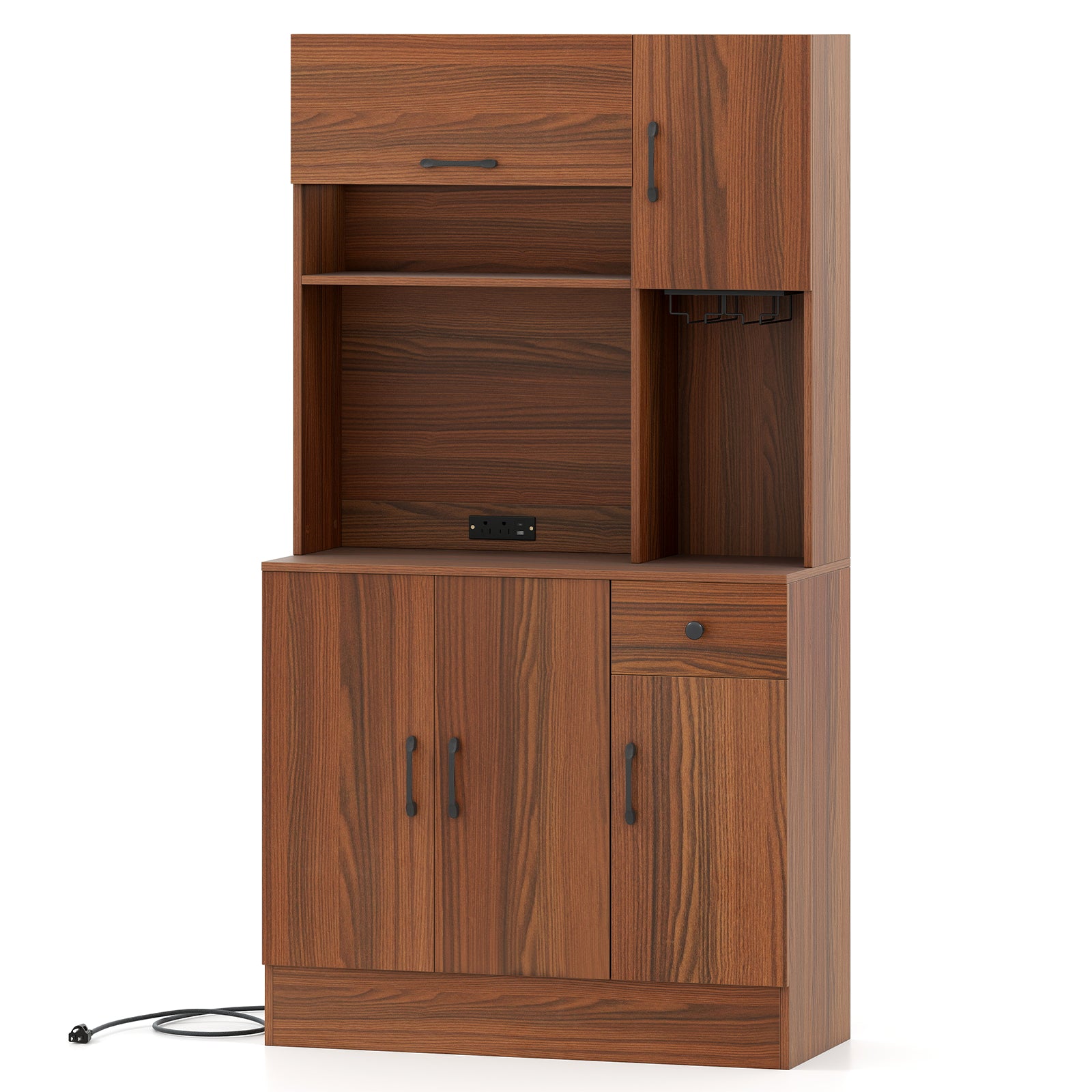 66 inch Pantry Cabinet with Charging Station and Microwave Stand, Brown Sideboards Cabinets & Buffets at Gallery Canada