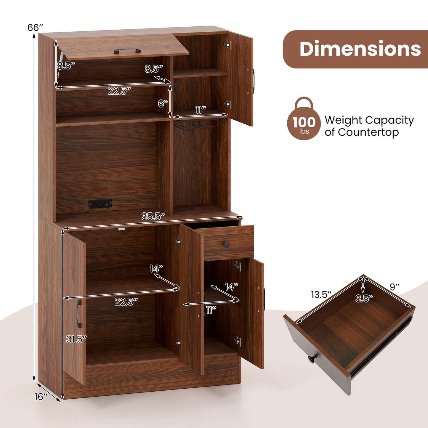 66 inch Pantry Cabinet with Charging Station and Microwave Stand, Brown Sideboards Cabinets & Buffets at Gallery Canada