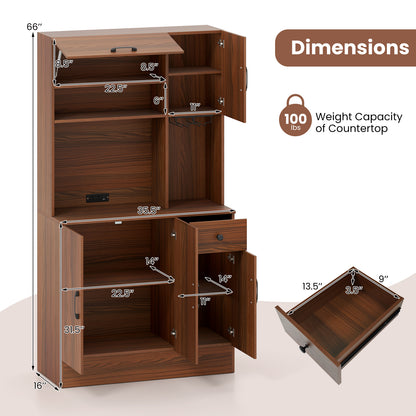 66 inch Pantry Cabinet with Charging Station and Microwave Stand, Brown Sideboards Cabinets & Buffets at Gallery Canada