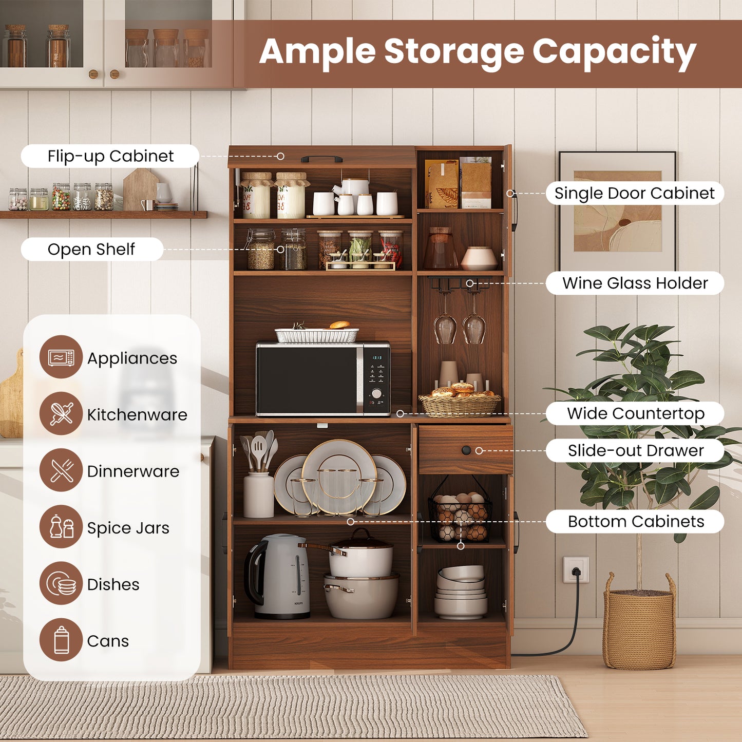 66 inch Pantry Cabinet with Charging Station and Microwave Stand, Brown Sideboards Cabinets & Buffets at Gallery Canada