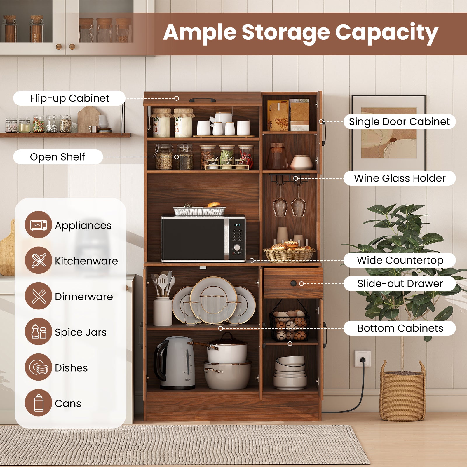 66 inch Pantry Cabinet with Charging Station and Microwave Stand, Brown Sideboards Cabinets & Buffets at Gallery Canada