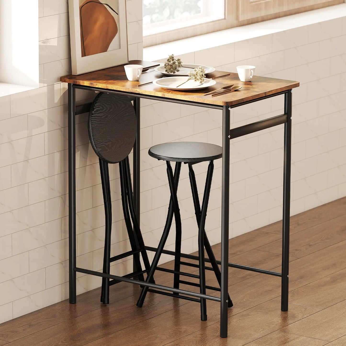 Set of 2 Foldable Barstools, Counter Height with Footrest, Steel Legs, Black Bar Stools at Gallery Canada