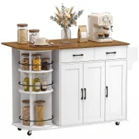 53" Kitchen Island with Outlet, Drop Leaf, Cart on Wheels, White