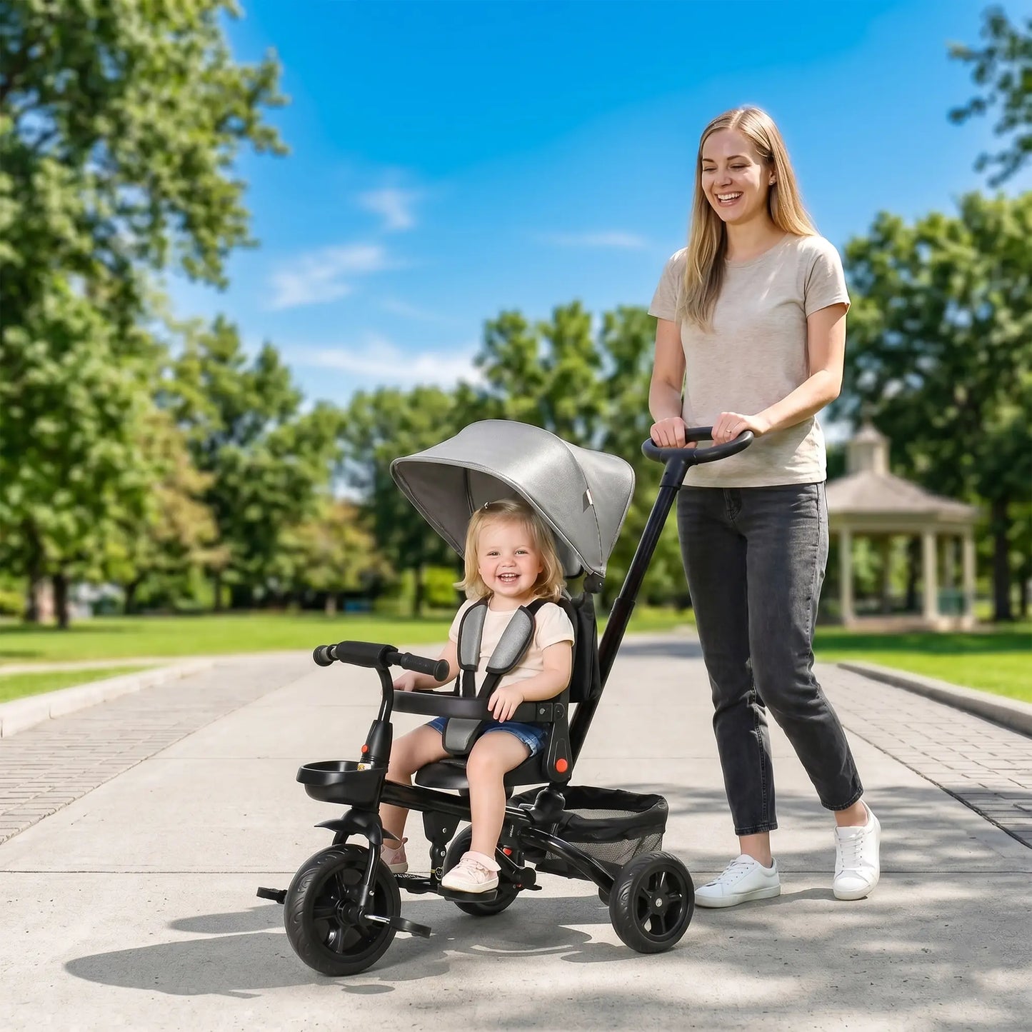 Toddler Tricycle, 4 in 1 Kids Trike, Adjustable Seat, Removable Handle, Grey Tricycles for Kids at Gallery Canada