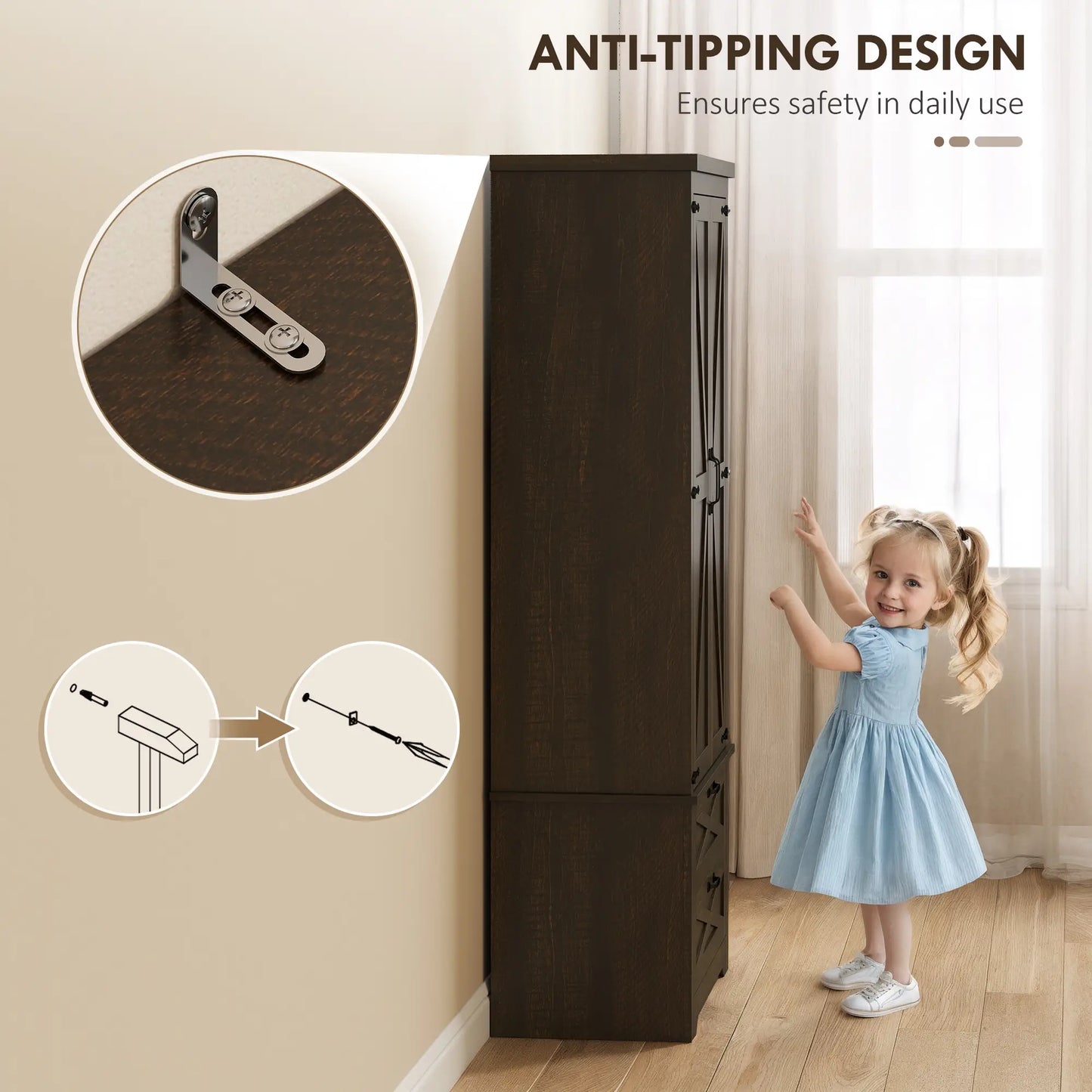 Farmhouse Kitchen Pantry Cabinet, 64", Distressed Dark Brown Kitchen Pantry Cabinets at Gallery Canada