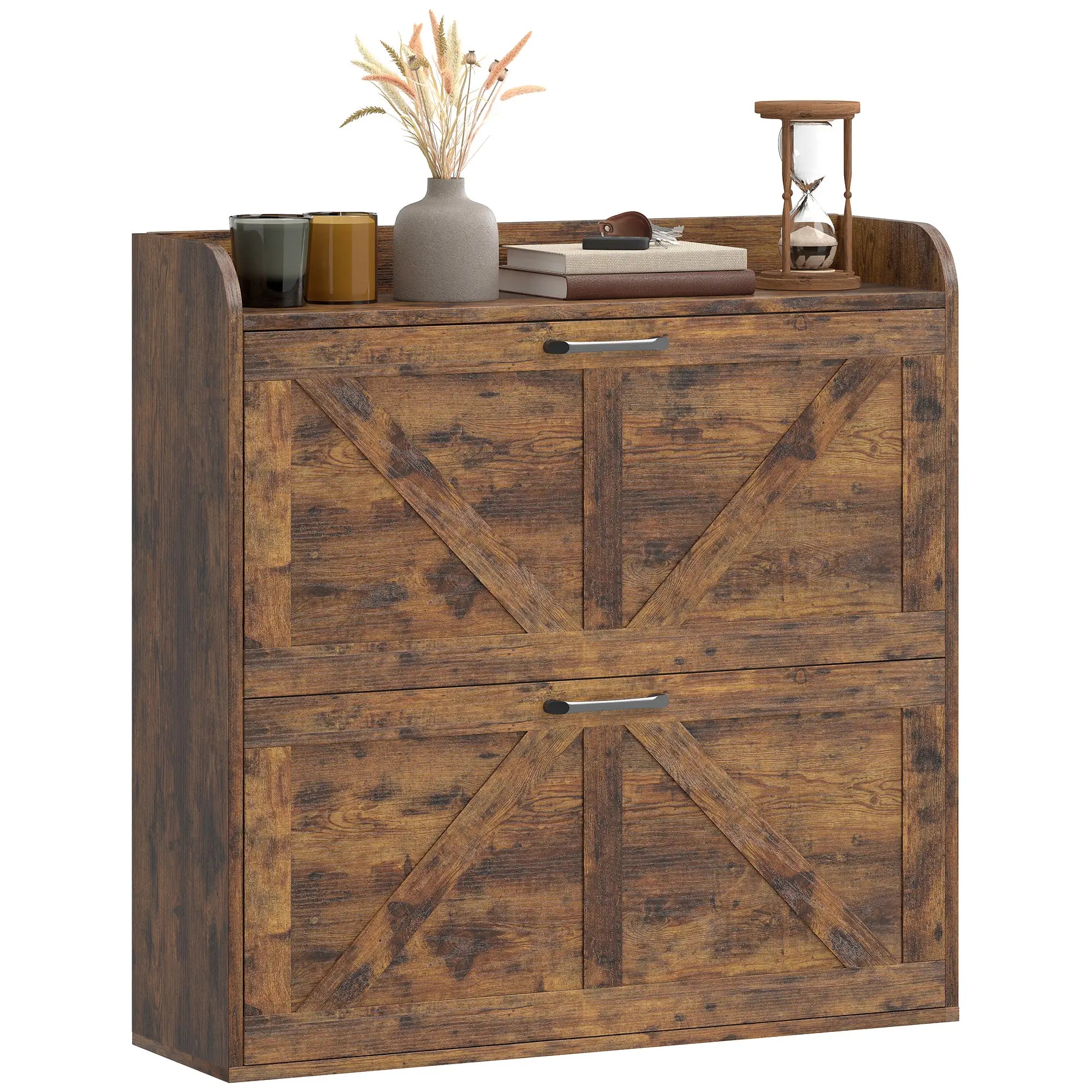 Narrow Shoe Storage Cabinet, Farmhouse Slim Shoe Cabinet with 2 Flip Drawers, Adjustable Shelves, Rustic Brown Shoe Storage Cabinets & Racks Rustic Brown at Gallery Canada