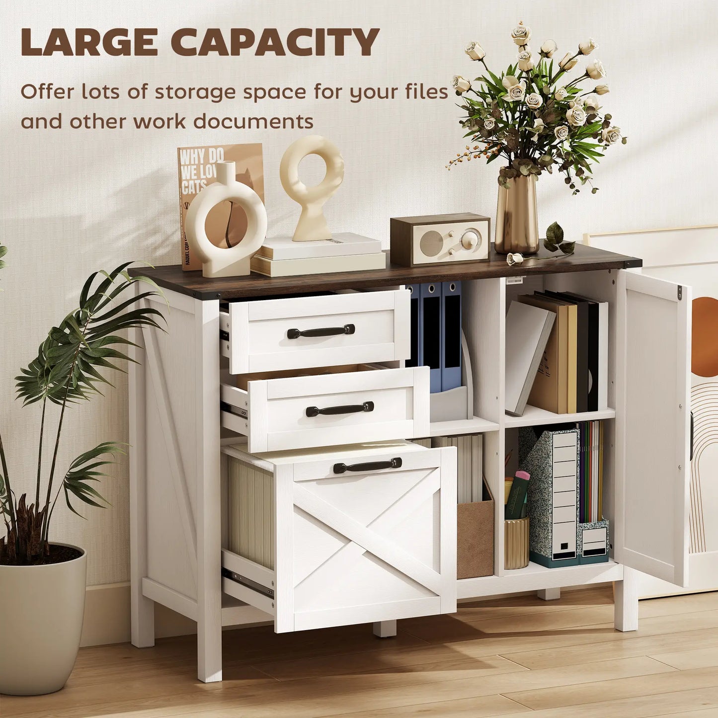 Lateral Filing Cabinet With Drawers, Shelves, Adjustable Hanging Bar, White