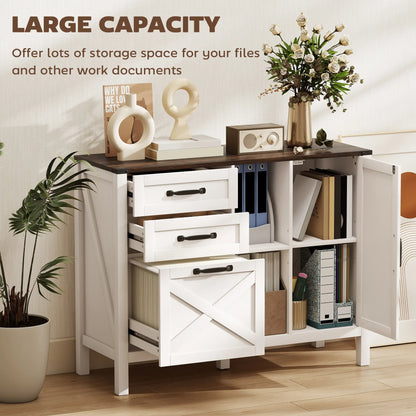 Lateral Filing Cabinet With Drawers, Shelves, Adjustable Hanging Bar, White