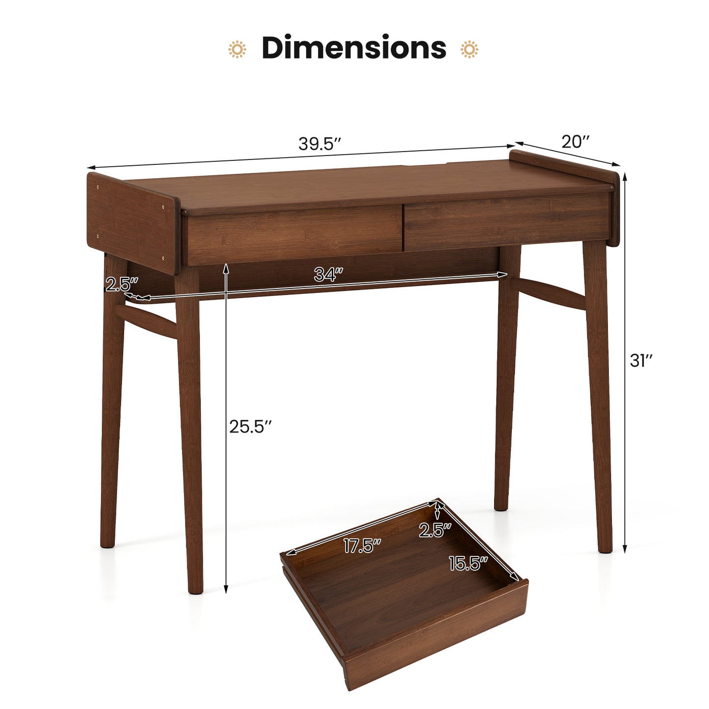 Bamboo Writing Desk With 2 Drawers, Open Shelf, Walnut Writing Desks at Gallery Canada