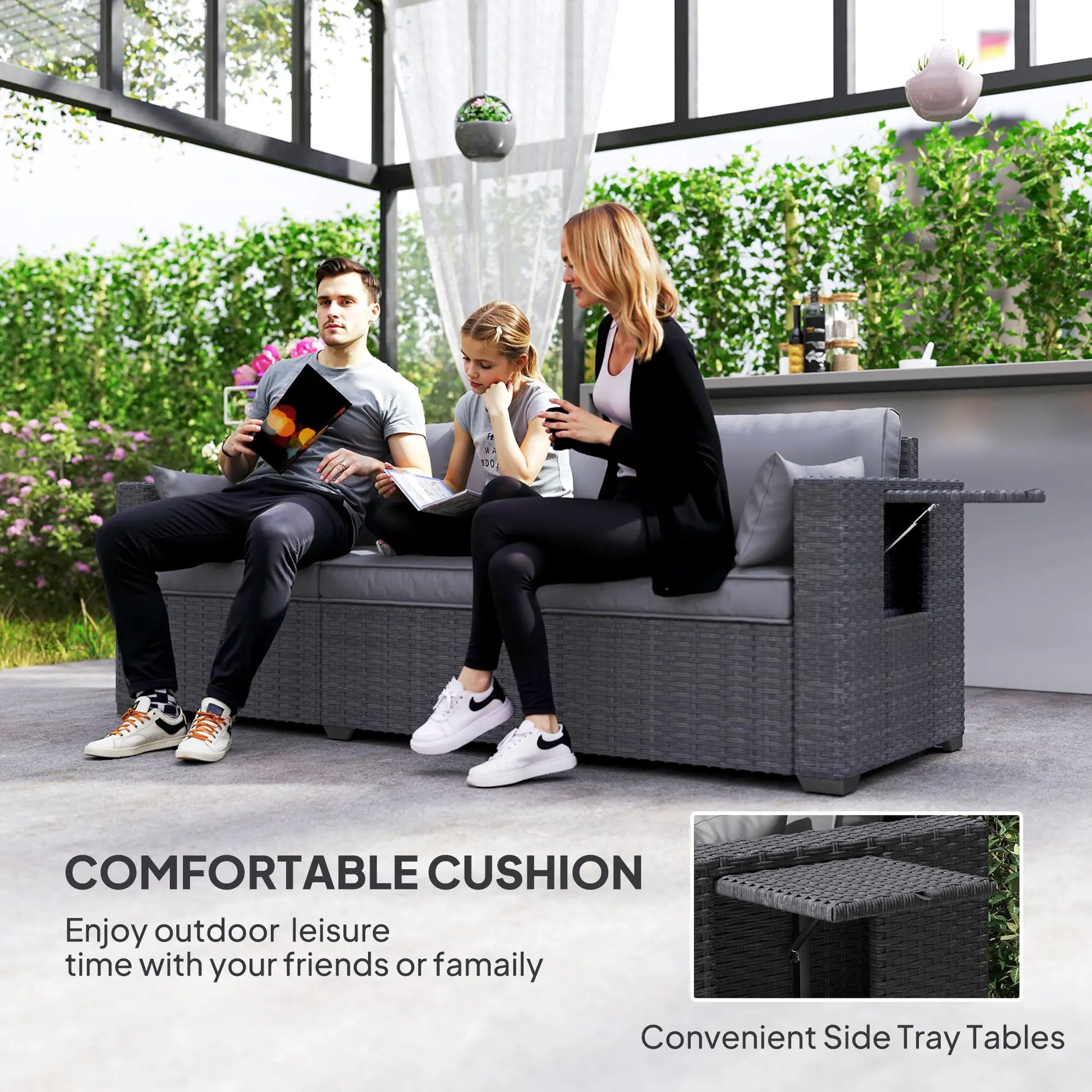 3 Seater Wicker Patio Sofa, 6" Thick Cushions, Deep Seating, Grey Patio Furniture Sets at Gallery Canada