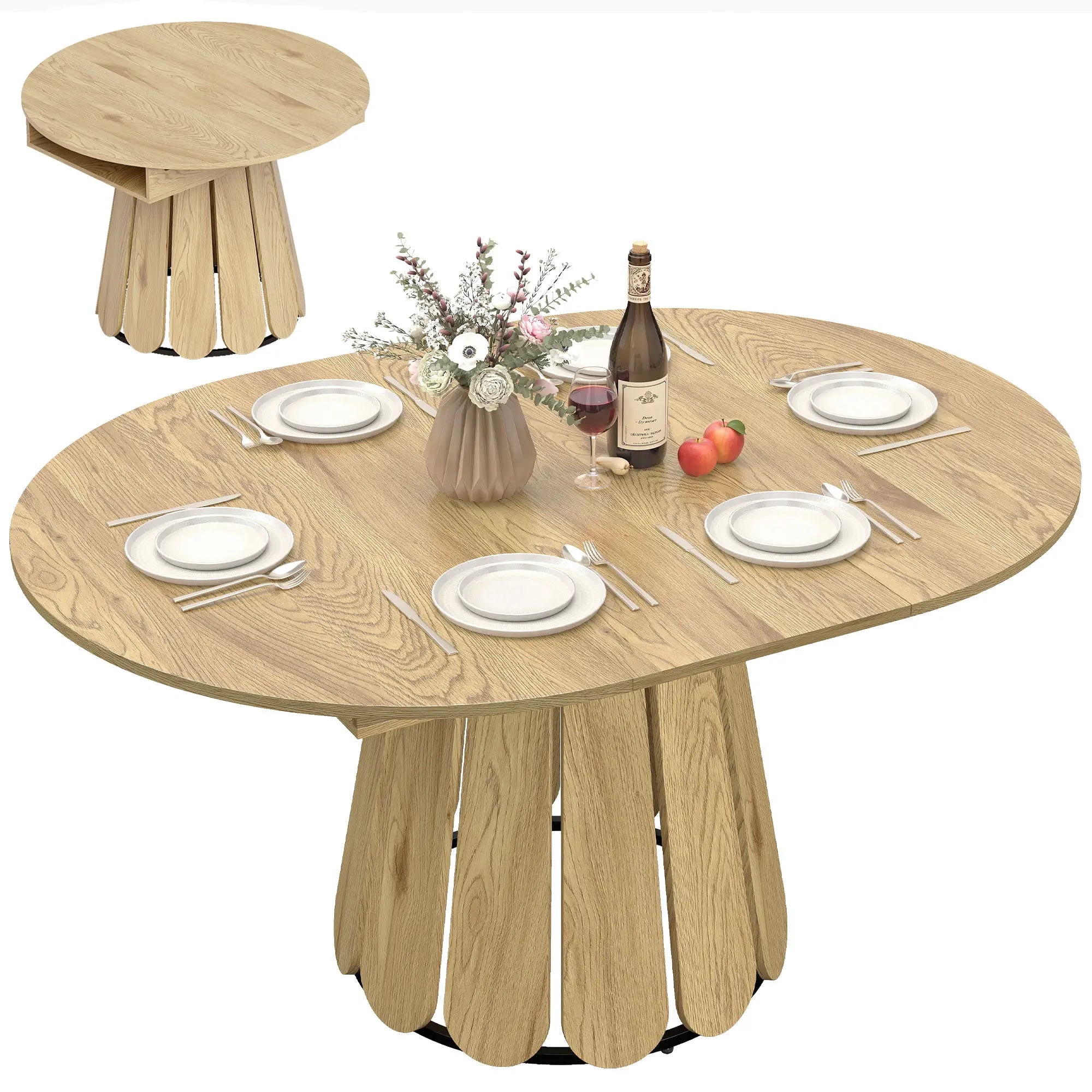 Extendable Round To Oval Dining Table With Storage Shelf, Natural Dining Tables at Gallery Canada