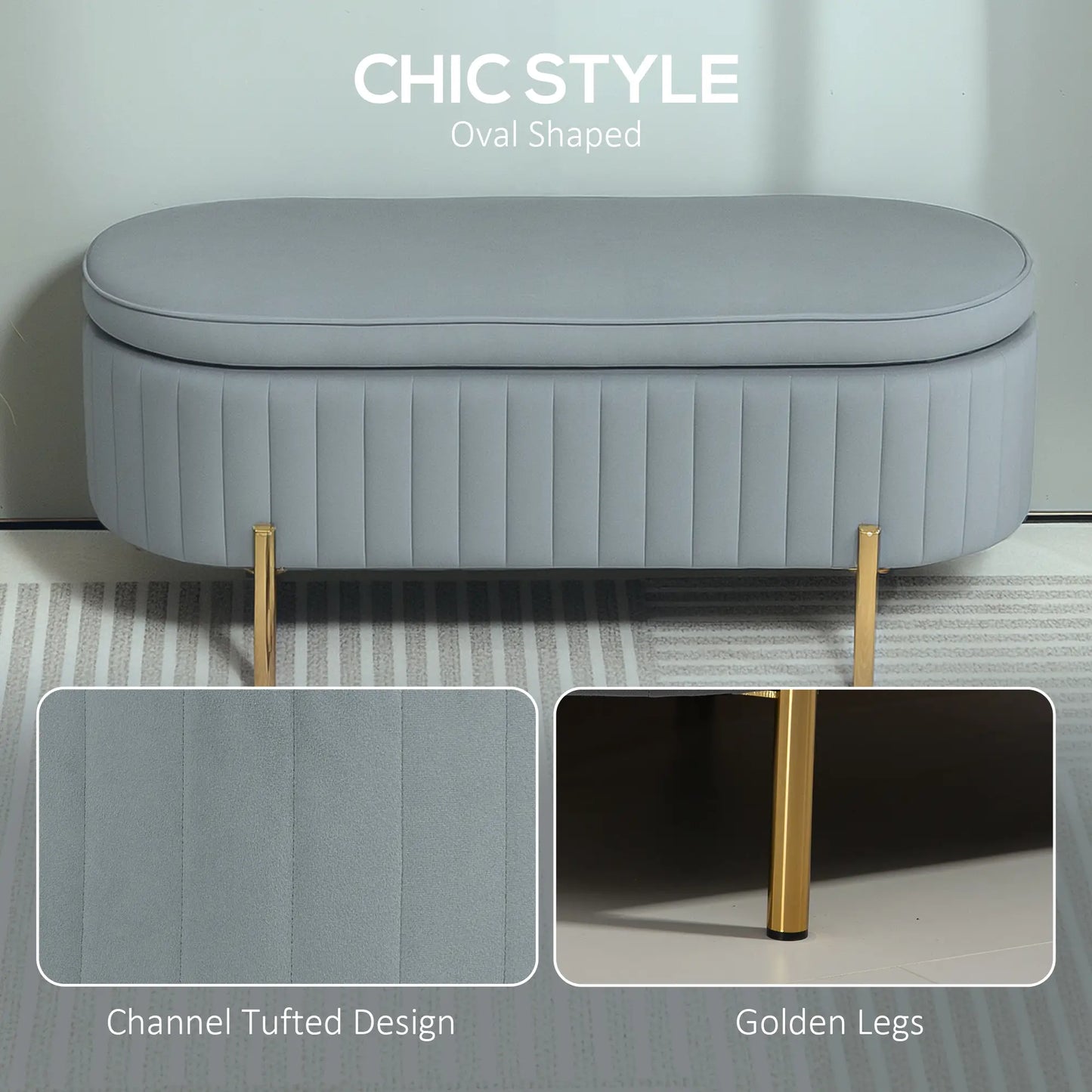 Upholstered Channel Tufted Ottoman Bench, Thick Padding, Metal Legs, Grey Storage Ottomans & Benches at Gallery Canada