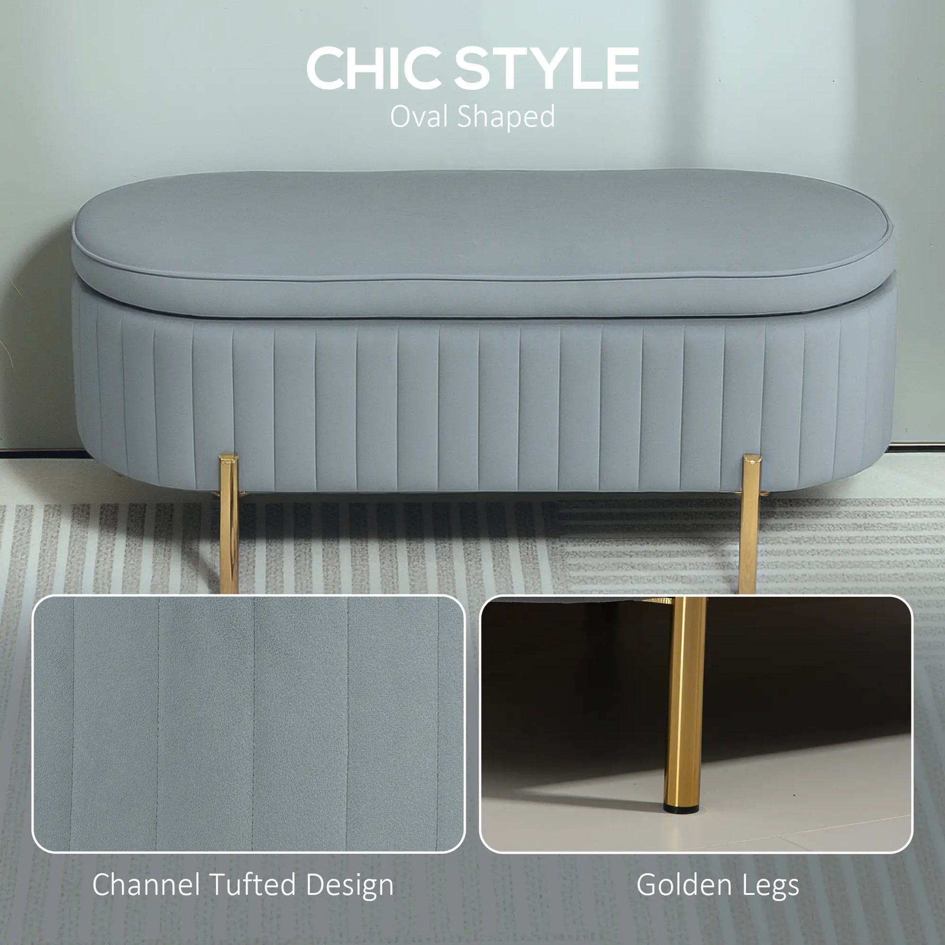 Upholstered Channel Tufted Ottoman Bench, Thick Padding, Metal Legs, Grey Storage Ottomans & Benches at Gallery Canada
