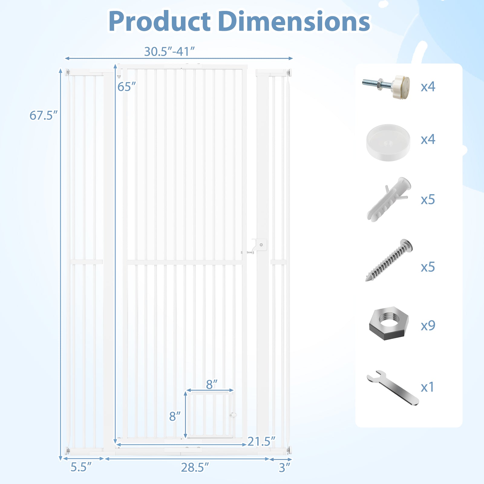 67.5" Extra Tall Pet Gate Heavy-Duty Metal Cat Gate with 30.5"-41" Wide Opening, White Pet Gate at Gallery Canada