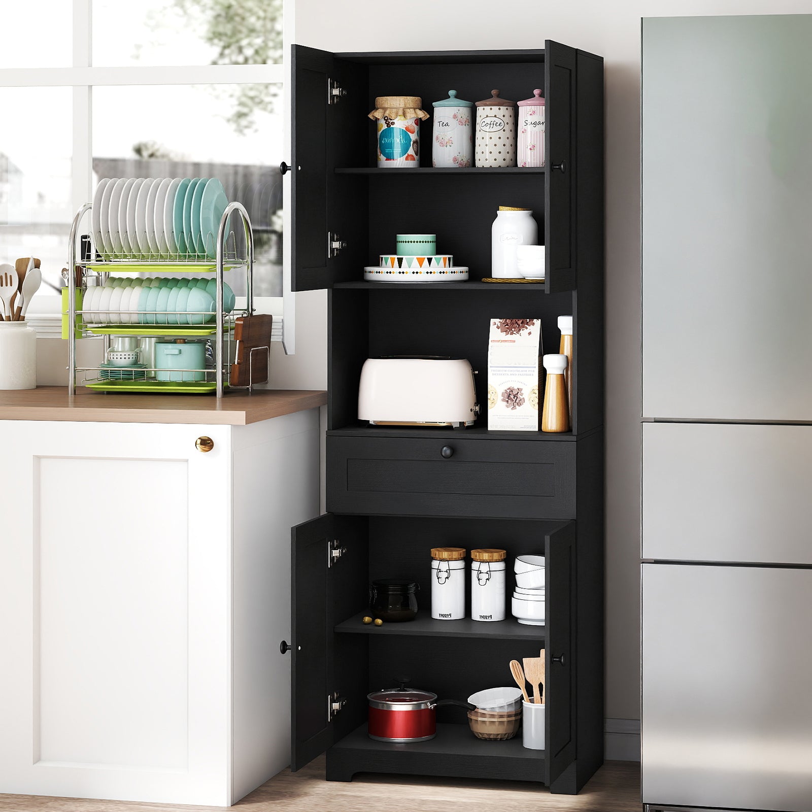 67.5 Inch Tall Freestanding Floor Cabinet, 4 Doors, 1 Drawer, Black Sideboards Cabinets & Buffets at Gallery Canada