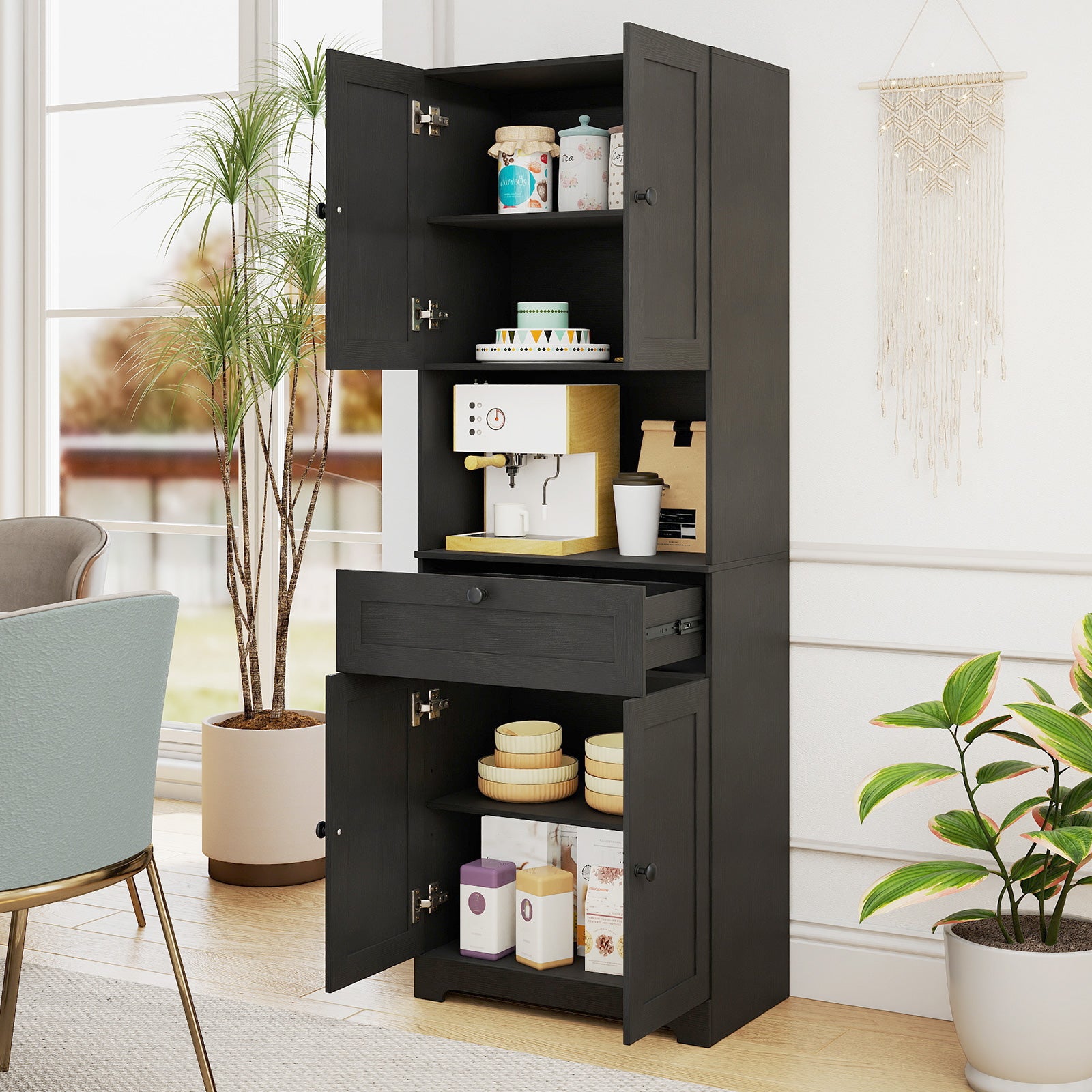 67.5 Inch Tall Freestanding Floor Cabinet, 4 Doors, 1 Drawer, Black Sideboards Cabinets & Buffets at Gallery Canada