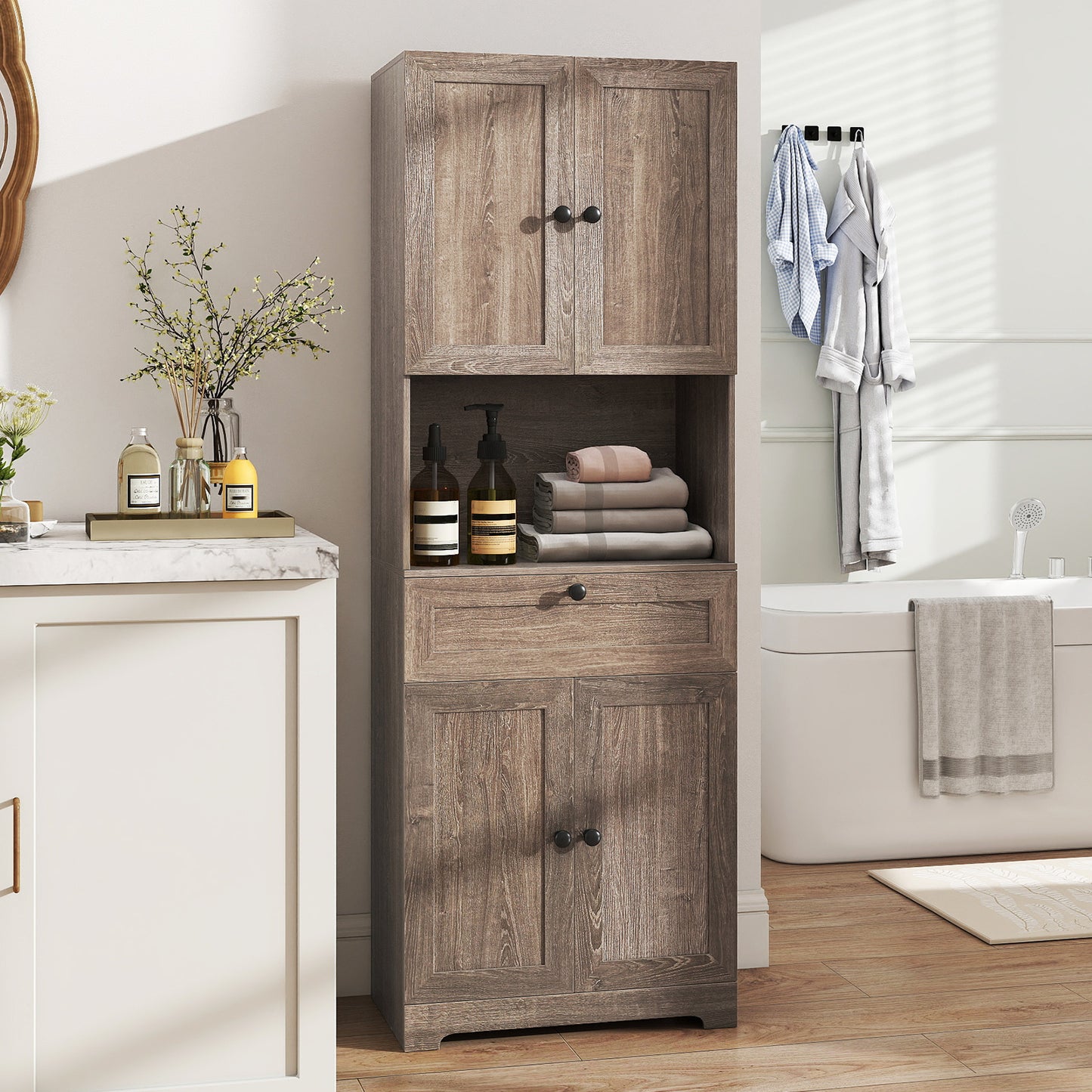67.5 Inch Tall Freestanding Floor Cabinet, 4 Doors, 1 Drawer, Oak Sideboards Cabinets & Buffets at Gallery Canada