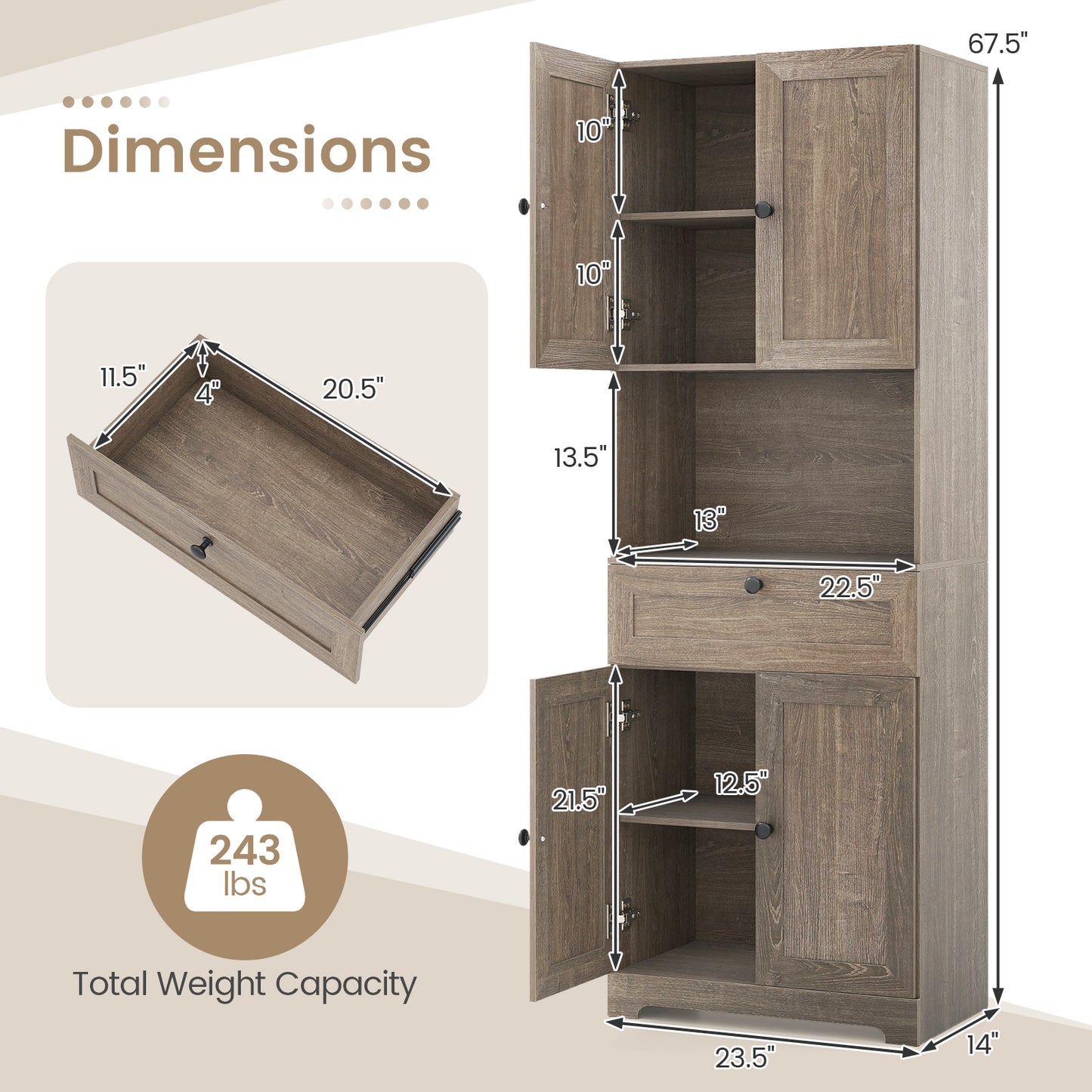 67.5 Inch Tall Freestanding Floor Cabinet, 4 Doors, 1 Drawer, Oak Sideboards Cabinets & Buffets at Gallery Canada