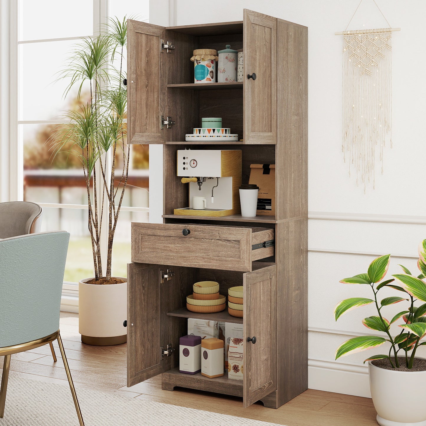 67.5 Inch Tall Freestanding Floor Cabinet, 4 Doors, 1 Drawer, Oak Sideboards Cabinets & Buffets at Gallery Canada