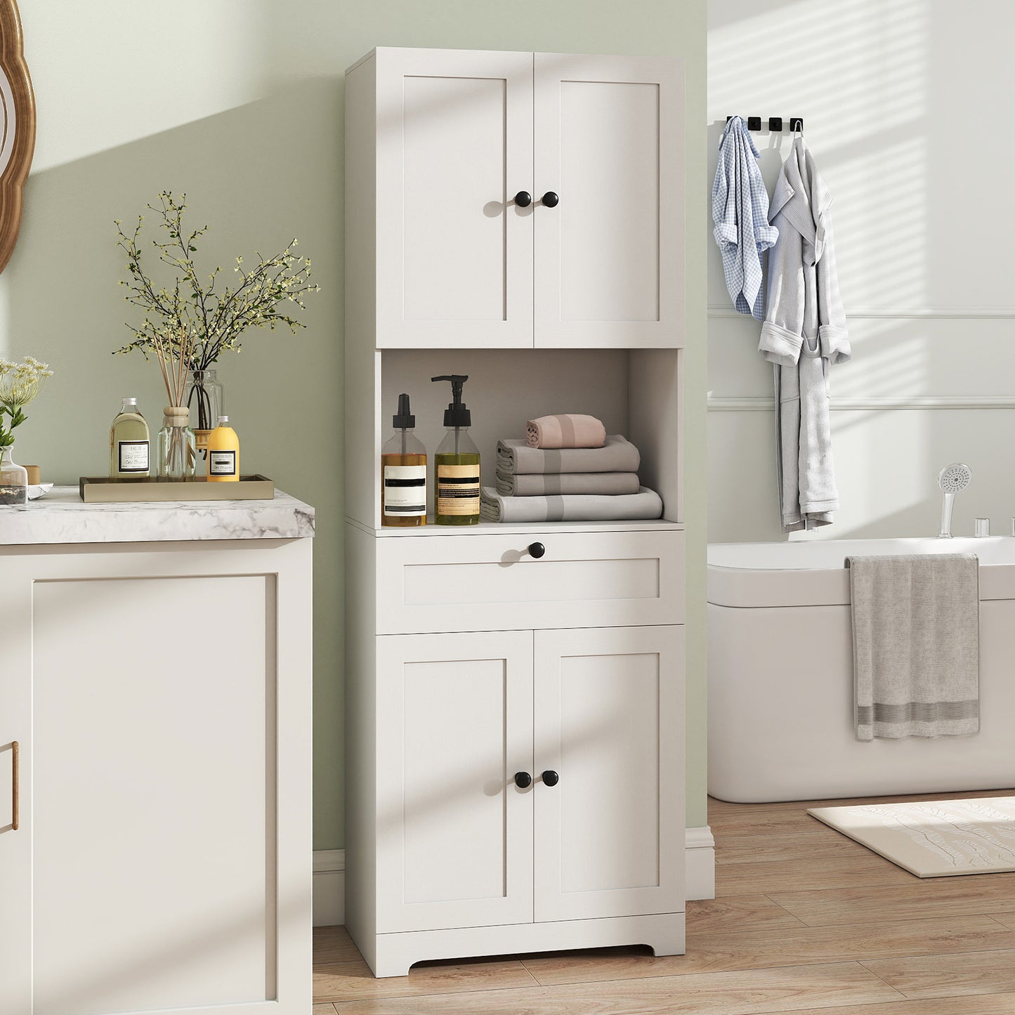 67.5 Inch Tall Freestanding Floor Cabinet, 4 Doors, 1 Drawer, White Sideboards Cabinets & Buffets at Gallery Canada