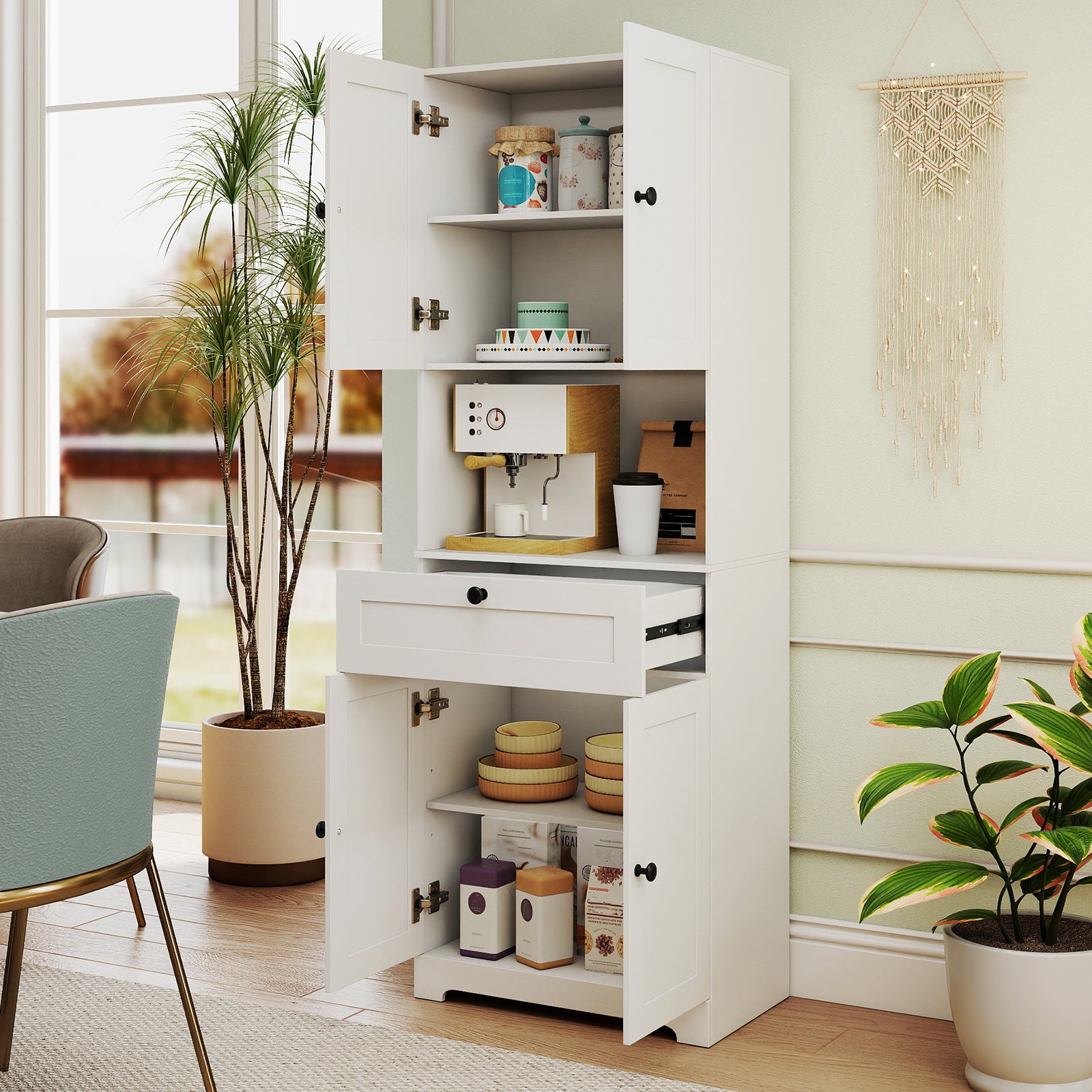67.5 Inch Tall Freestanding Floor Cabinet, 4 Doors, 1 Drawer, White Sideboards Cabinets & Buffets at Gallery Canada