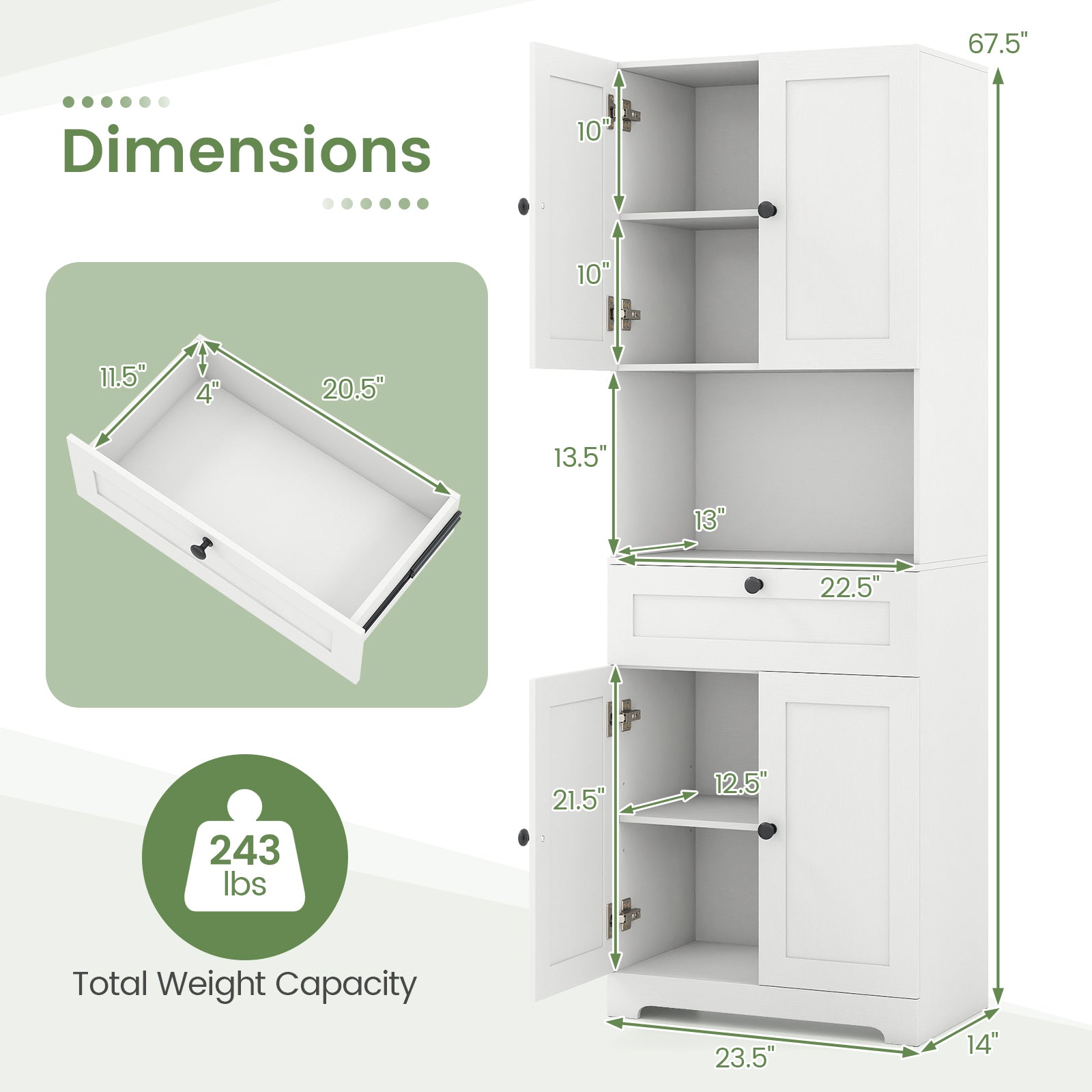 67.5 Inch Tall Freestanding Floor Cabinet, 4 Doors, 1 Drawer, White Sideboards Cabinets & Buffets at Gallery Canada