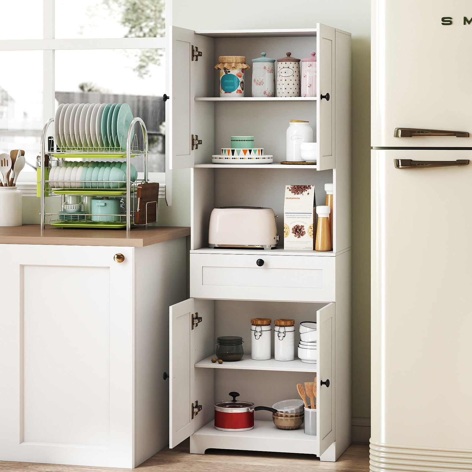 67.5 Inch Tall Freestanding Floor Cabinet, 4 Doors, 1 Drawer, White Sideboards Cabinets & Buffets at Gallery Canada