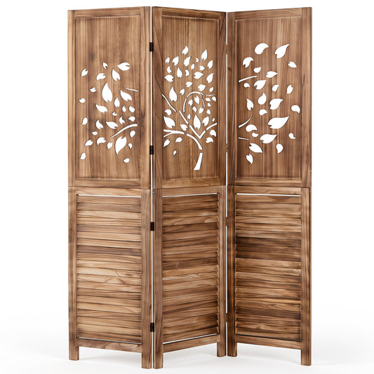 Folding Room Divider 3 Panels, Tree Cutout Louver, 67", Rustic Brown Room Dividers Rustic Brown at Gallery Canada