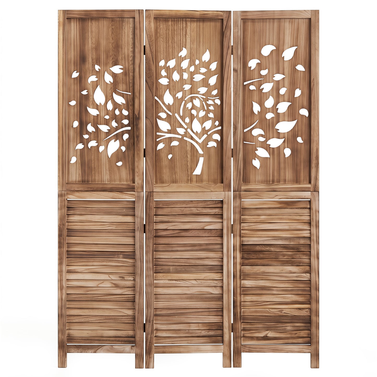 Paravent pliant 3 panneaux, persienne découpée en arbre, 67", brun rustique