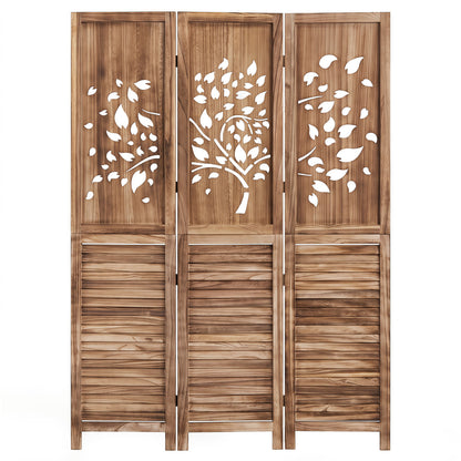 Paravent pliant 3 panneaux, persienne découpée en arbre, 67", brun rustique