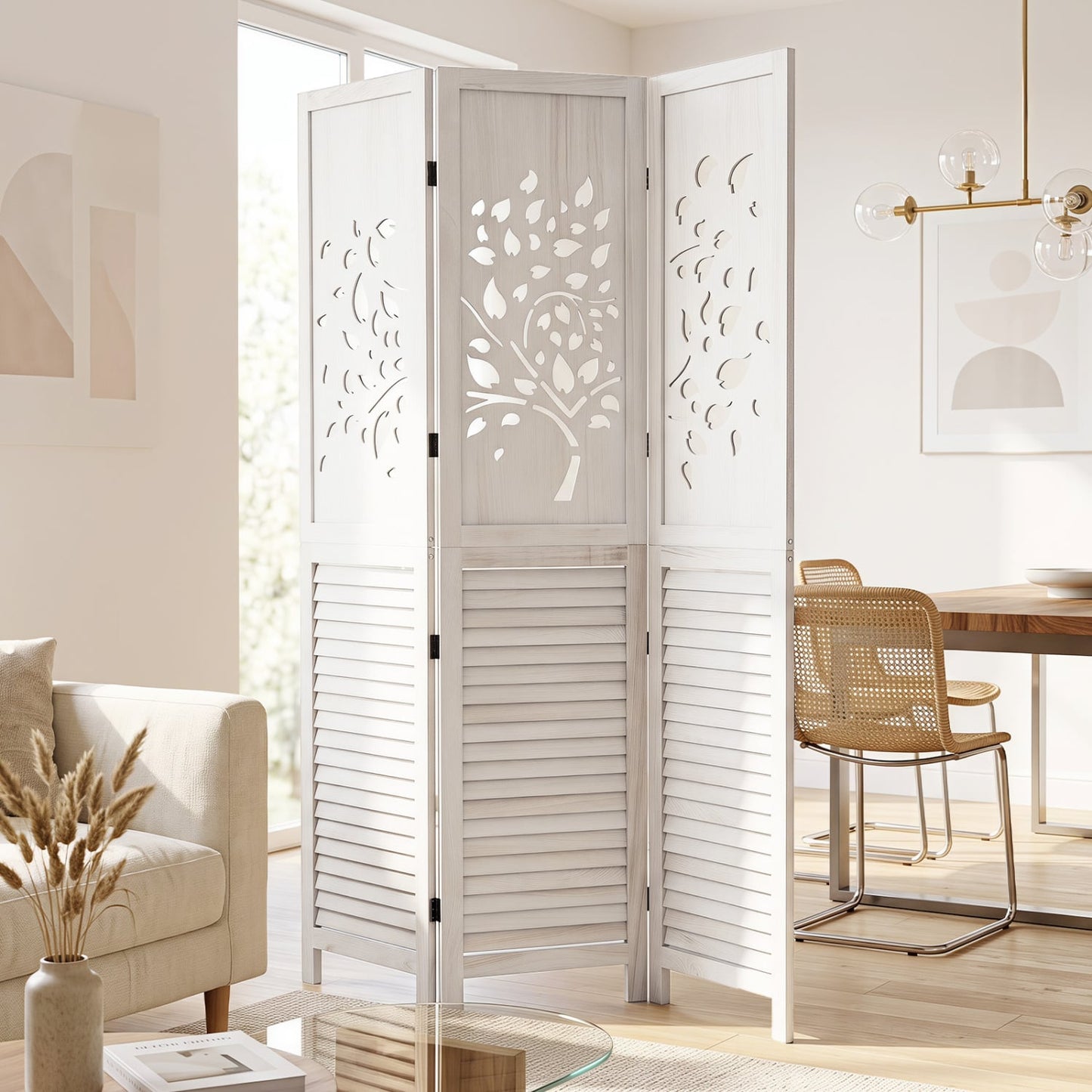 Séparateur de pièce pliable de 67"", 3 panneaux avec découpe en arbre, blanc