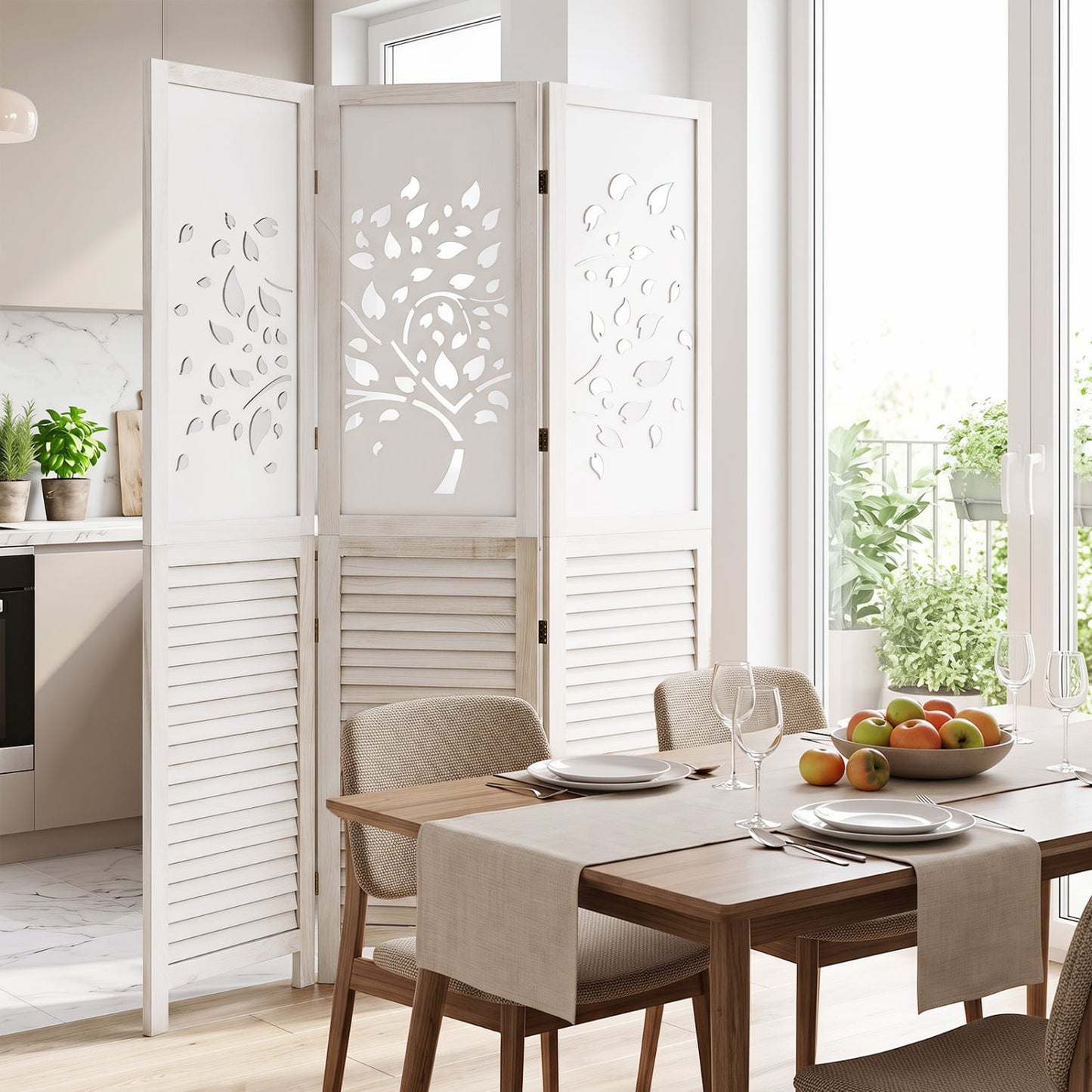 Séparateur de pièce pliable de 67"", 3 panneaux avec découpe en arbre, blanc