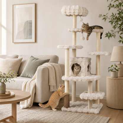 Arbre à chat de 67 pouces avec condo, perchoir, beige