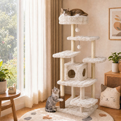 Arbre à chat de 67 pouces avec condo, perchoir, beige