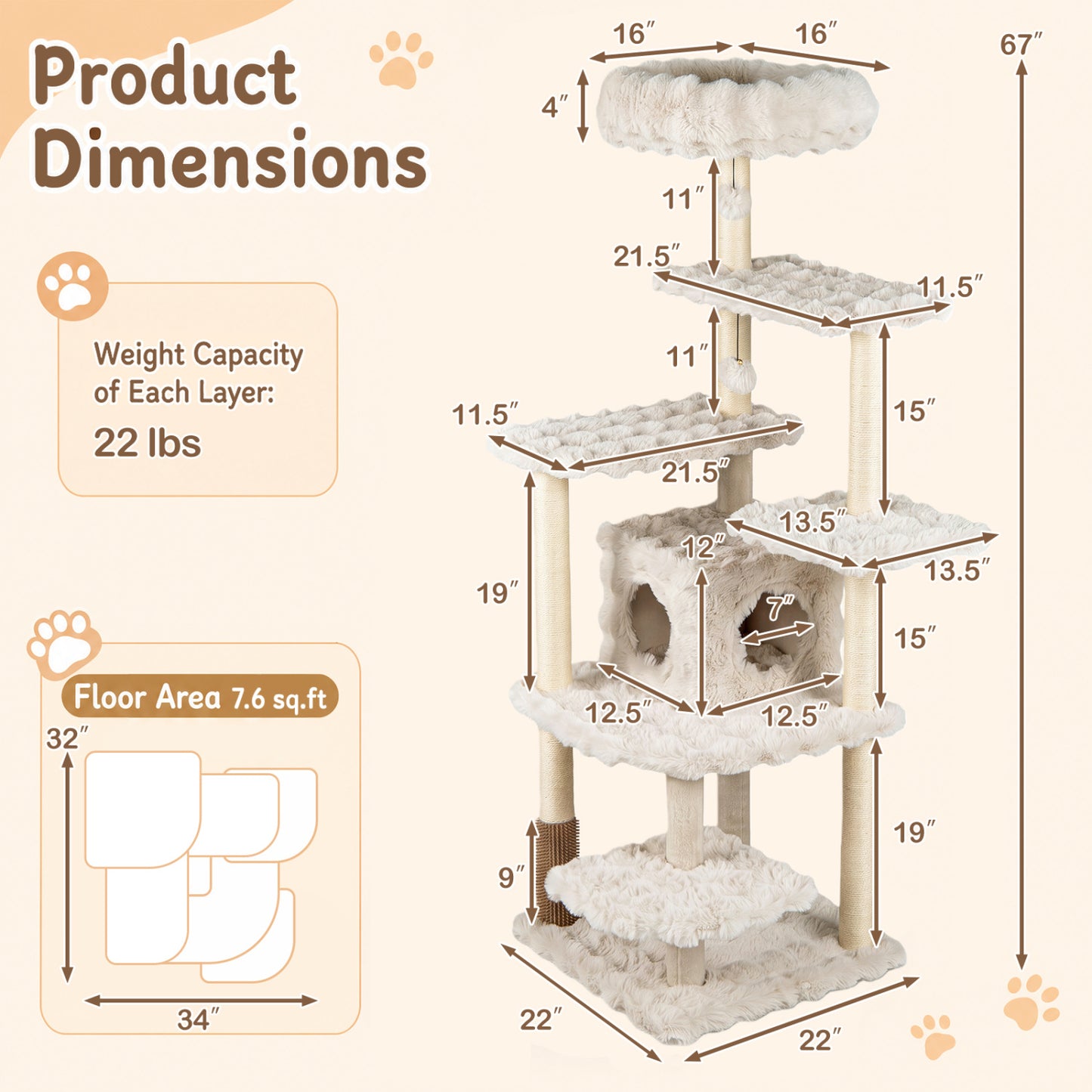 Arbre à chat de 67 pouces avec condo, perchoir, beige