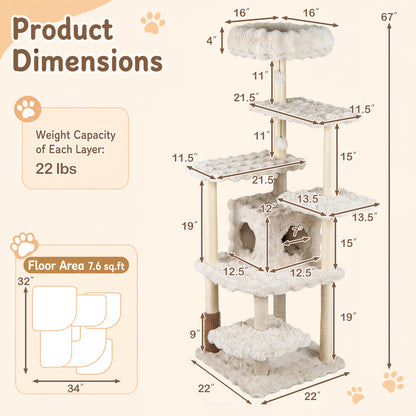 Arbre à chat de 67 pouces avec condo, perchoir, beige