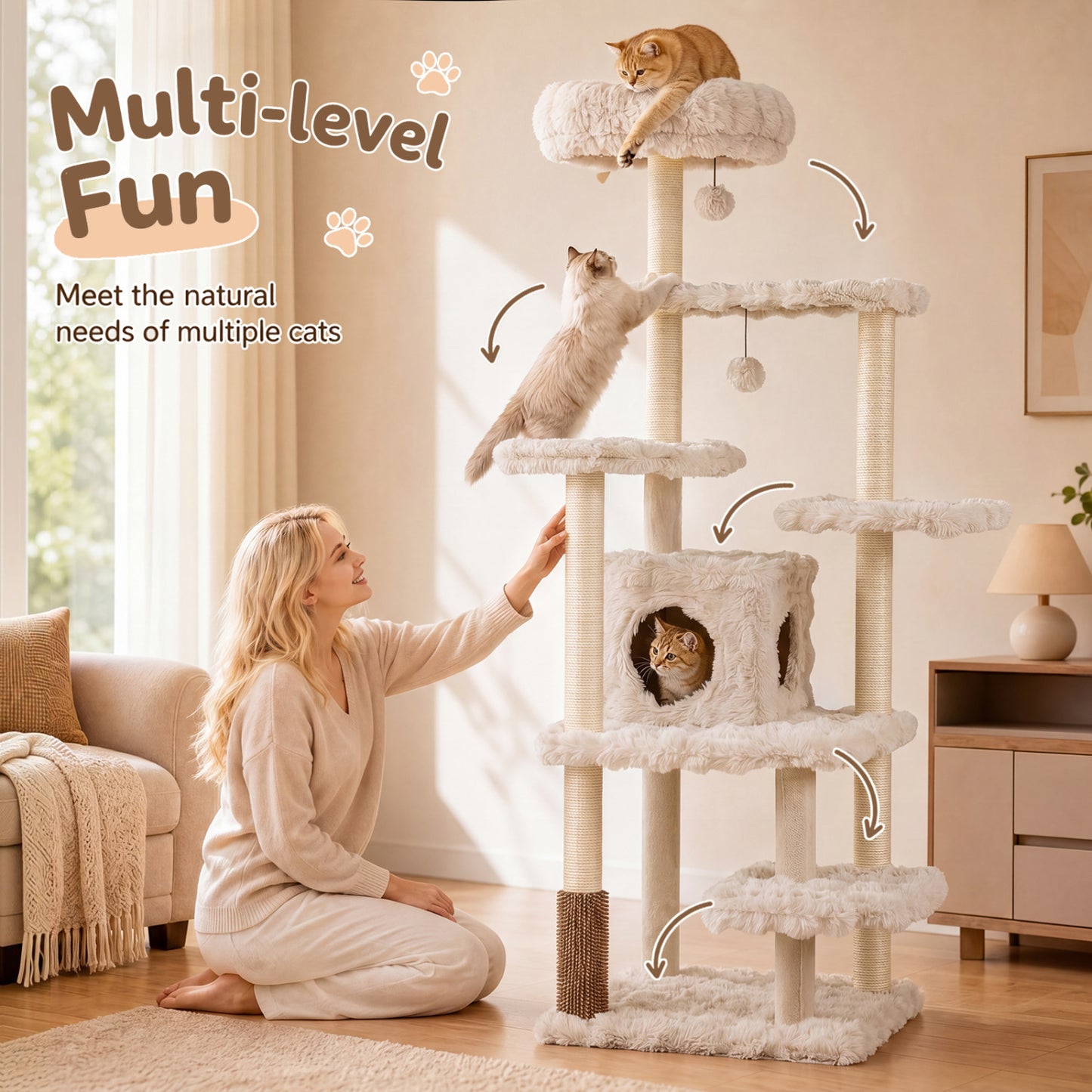 Arbre à chat de 67 pouces avec condo, perchoir, beige