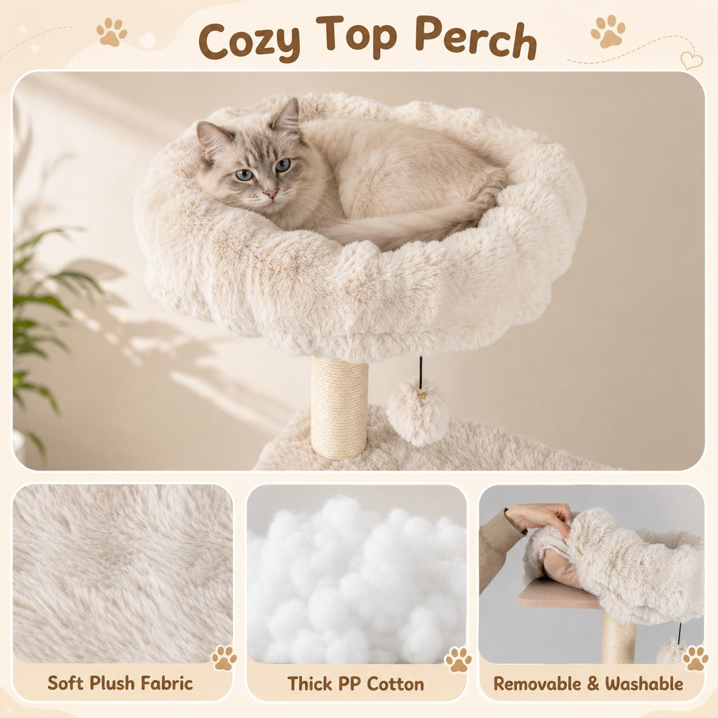 Arbre à chat de 67 pouces avec condo, perchoir, beige