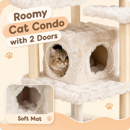 Arbre à chat de 67 pouces avec condo, perchoir, beige