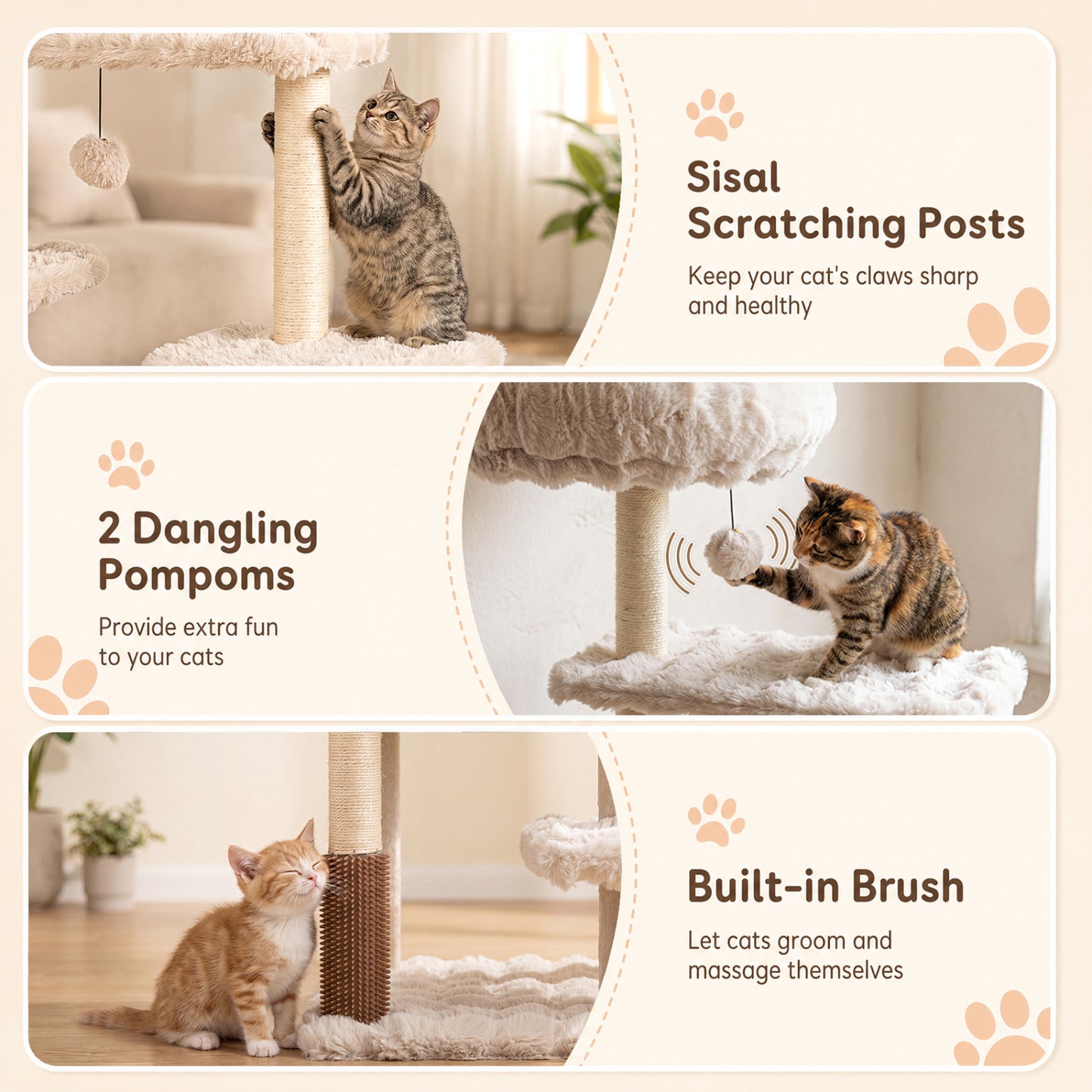 Arbre à chat de 67 pouces avec condo, perchoir, beige