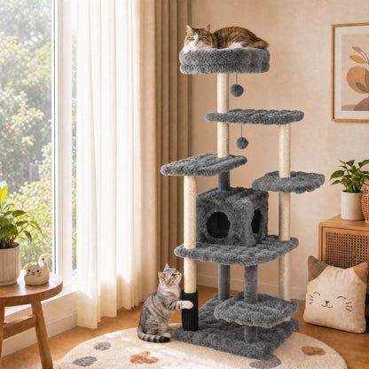 Arbre à chat de 67 pouces avec condo et perchoir rembourré, gris