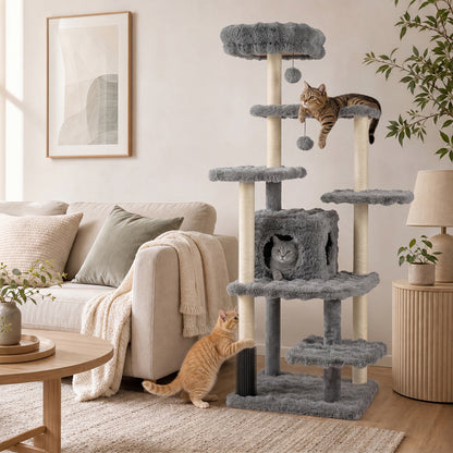 Arbre à chat de 67 pouces avec condo et perchoir rembourré, gris